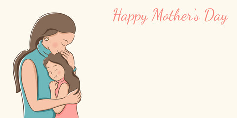 Cute banner in pastel colours with copy space. Sweet mother holds her little daughter. Mom embraces her child. Motherhood concept. International Mother’s Day. Vector illustration in sketch hand drawn