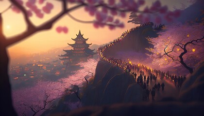 cityscape with lantern light and cherry blossom idea for spring festival background wallpaper, Generative Ai