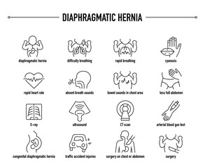 Diaphragmatic Hernia symptoms, diagnostic and treatment vector icon set. Line editable medical icons.