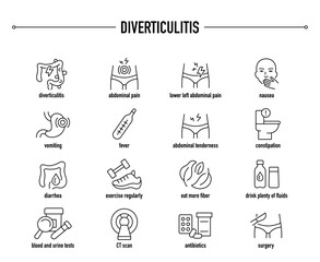 Diverticulitis symptoms, diagnostic and treatment vector icon set. Line editable medical icons.