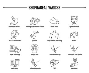 Esophageal Varices symptoms, diagnostic and treatment vector icon set. Line editable medical icons. - obrazy, fototapety, plakaty