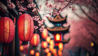 cityscape with lantern light and cherry blossom idea for spring festival background wallpaper, Generative Ai