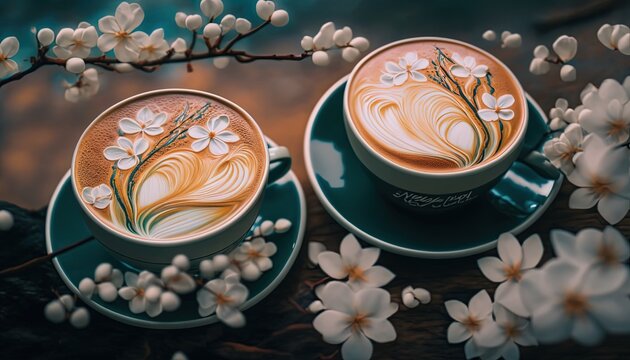 two cups of coffee drink with blossom flower branch, idea for summer and spring time cafe wall decor picture, Generative Ai
