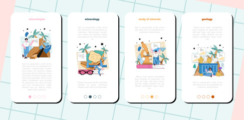 Mineralogist mobile application banner set. Scientist studying natural
