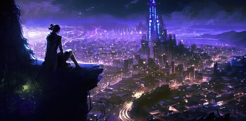 sci-fi fantasy illustration of a young woman girl at high cliff  looking far away to the futuristic hi-tech townscape, Generative Ai