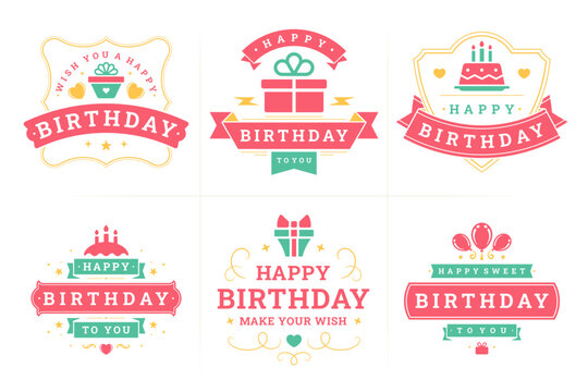 Happy birthday old fashioned label and badge set greeting card congratulations design vector flat