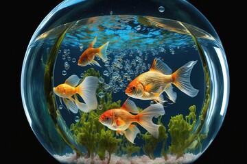 Naklejka na ściany i meble group of goldfish swimming in a clear aquarium filled with water and aquatic plants. The goldfish have bright orange scales and are various sizes, creating a lively and dynamic scene. Generative AI