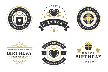 Happy birthday black luxury ornate vintage label and badge set for greeting card design vector flat