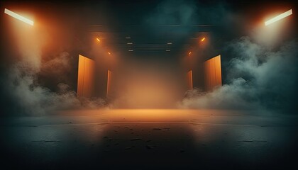 Fototapeta na wymiar spotlights shine on stage floor in dark room, idea for background backdrop, abandon room or warehouse, Generative Ai