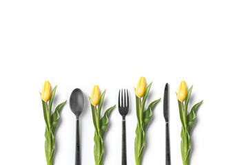 Tischgedeck mit Tulpen / Textfreiraum