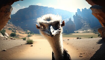 An ostrich face looks into the camera from a close-up. Generative ai illusration - obrazy, fototapety, plakaty