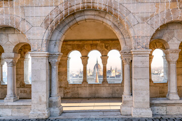 View of Parliament building from Fisherman's Bastion in Budapest, Hungary.