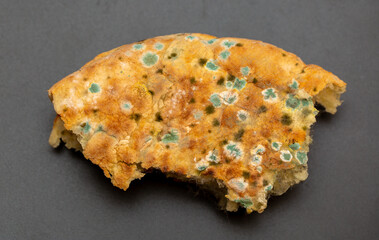 Mold on bread close-up macro. Mold on food. Fluffy mold spores as a background or texture. Mold fungus. Abstract background with copy space.