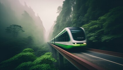 futuristic high speed electric energy train on trail  pass by nature landscape, speed motion blur, Generative Ai