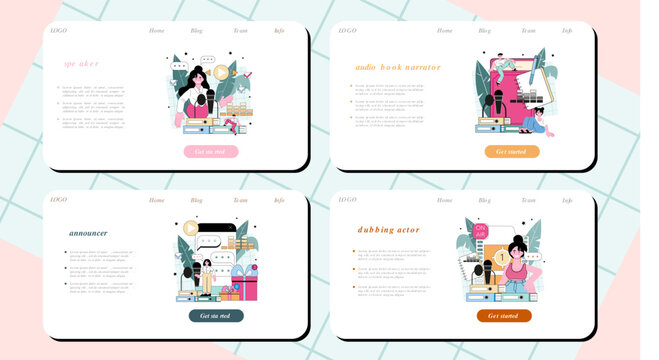 Speaker web banner or landing page set. Voice actor dubbing a movie
