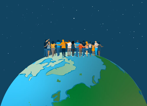 Dessin vectoriel illustrant la solidarit&eacute; humaine avec des amis de race et de culture diff&eacute;rentes qui avancent ensemble en marchant sur la plan&egrave;te. Ils s'aident les uns les autres.	