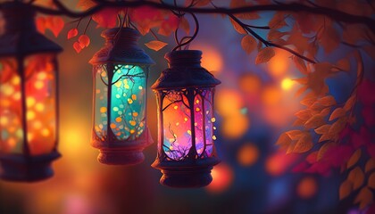 beautiful ancient vintage glass lantern hanging on blossom tree sprint time ambient fantasy mood, generative Ai