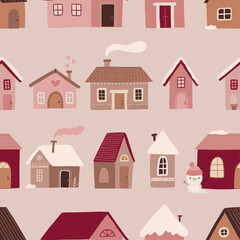 Winter seamless pattern of cute house with stars