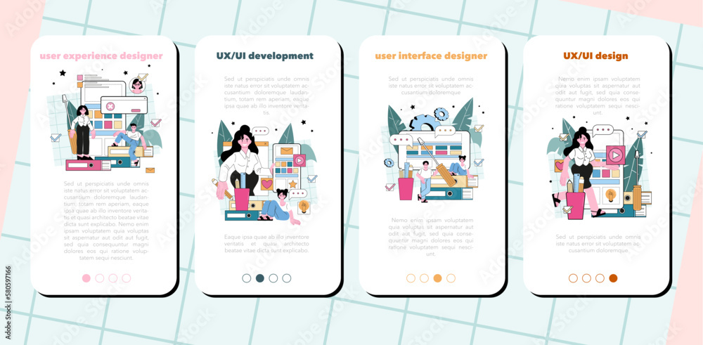 Poster ux and ui designer mobile application banner set. app or website