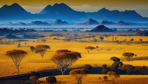 morning mist and cloud drifting over sawanna field, Generative Ai