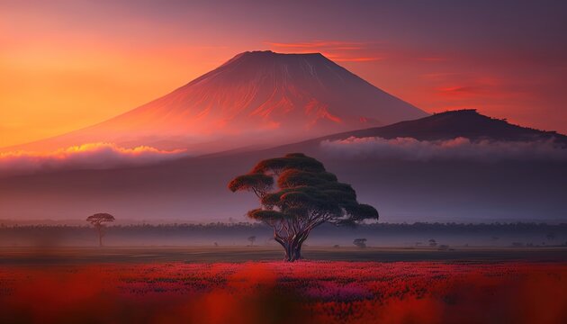 morning mist and cloud drifting over sawanna field, Generative Ai