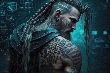 Viking warrior in the style of cyberpunk, merging the rugged and raw aesthetic of the ancient Norse with futuristic elements. Generative AI - obrazy, fototapety, plakaty