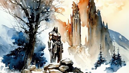 paint like illustration of ancient soldier with castle in nature landscape, idea for home wall decor picture, Generative Ai