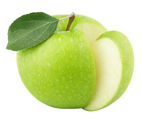 Ripe green apple with green leaf and slice isolated on transparent background