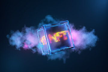 NFT in neon cloud. non fungible token. NFT technology concept. NFT inscription on a technological abstract cube. 3d render - obrazy, fototapety, plakaty