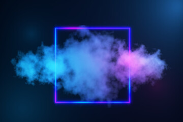 Neon frames on cloud background. Clouds glowing blue and pink. Abstract background with clouds and smoke. Cloud technologies. 3d render.