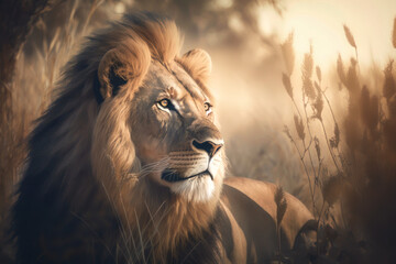 Ein Löwe genießt die Abendsonne im hohen Gras der Savanne