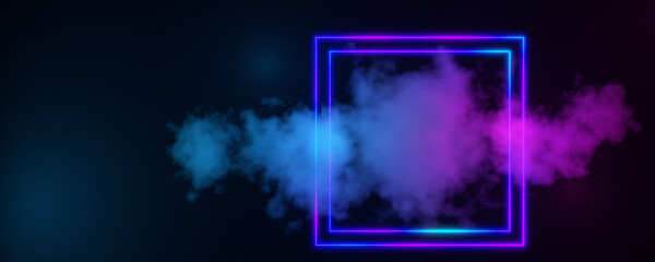 Neon square frame on cloud background. Abstract background with clouds and smoke. Cloud technologies. Clouds glowing blue and pink. 3d render.