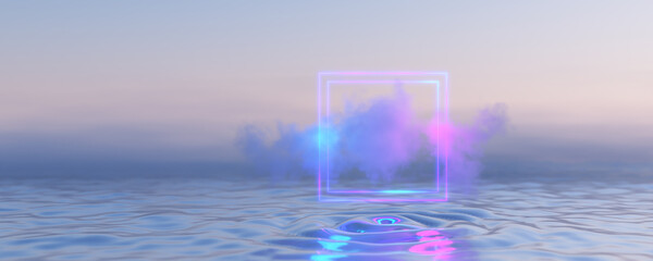 Cloud technologies. Neon square frame on cloud background. Abstract background with clouds and smoke.Clouds glowing blue and pink. 3d render.