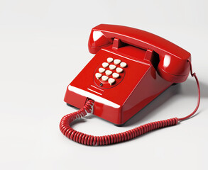 Isolated 3d illustration of a red vintage corded telephone header on light grey background