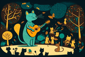 An image of cat playing guitar in the woods. Generative AI.