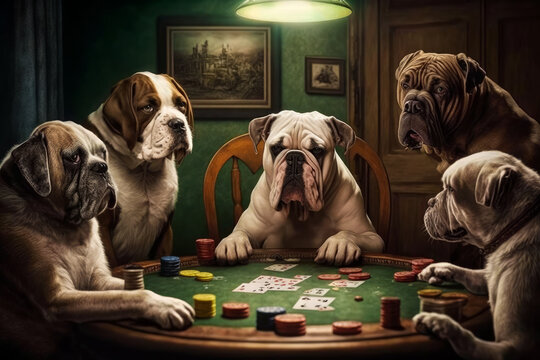 Group of bulldogs playing poker at table. Generative AI.