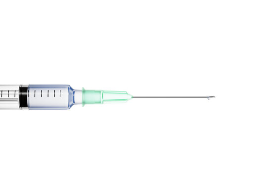 needle of a disposable syringe with a drop at the end. 3d render.