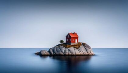 Naklejka na ściany i meble minimalistic style red cabin on little island surround by water, Generative Ai
