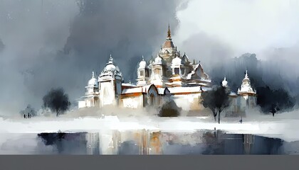 paint like illustration of ancient Asian city in dreamy mist, idea for home wall decor picture illustration, Generative Ai