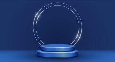 Podium on blue background, stage template for presentation. Gentle backdrop for advertising and premium banners, posters, billboards, signs and websites. Vector illustration
