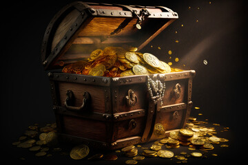 An open chest full of gold coins on black background. Generative AI.