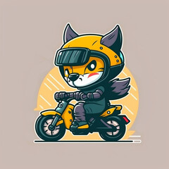 A cute wolf riding a motorcycle, cute animal, premium vector art, illustration, flat cartoon design, Generative AI