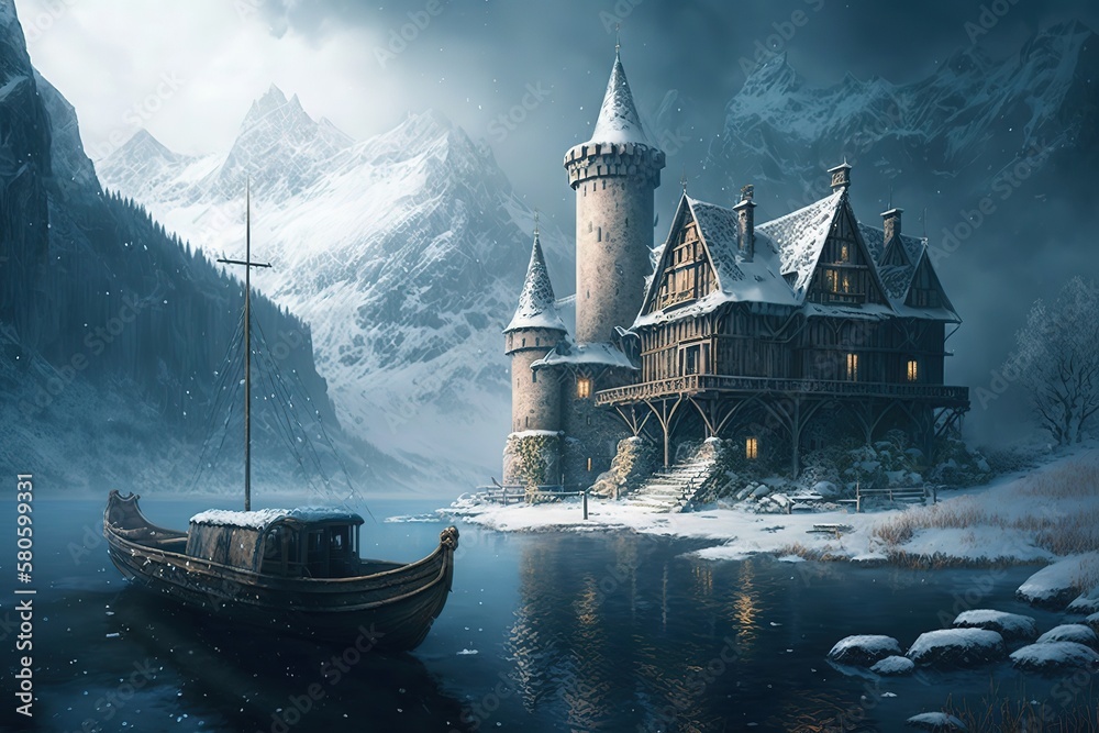 Poster A magical picture of a castle on top of a mountain at a river pier with a boat on a winter day with falling snow.Generative AI