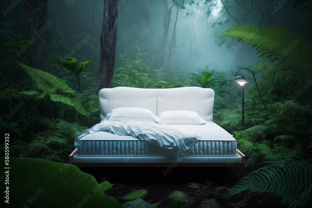 Poster an image of bed in the middle of forest. generative ai.