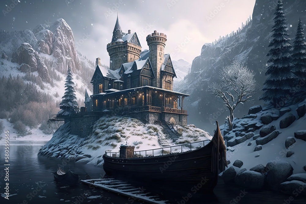 Poster a magical picture of a castle on top of a mountain at a river pier with a boat on a winter day with 