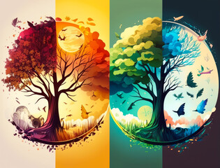 Four different seasons with trees and birds. Generative AI.