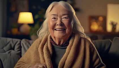 close up portrait of happy grandmother smiling at living room, Generative Ai - obrazy, fototapety, plakaty