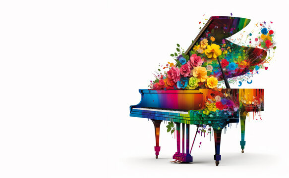 Colorful piano with flowers painted on it. Generative AI.