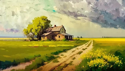 Foto op Canvas paint like illustration of wooden house on summer rural field,  idea for home art wall decor, Generative Ai © QuietWord