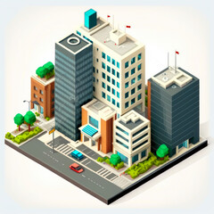 An isometric view of city with buildings and cars. Generative AI.